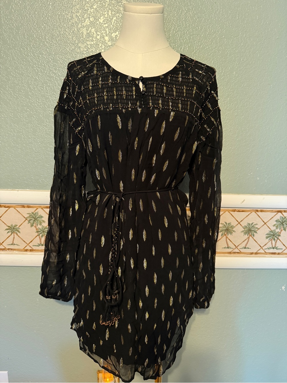 Black Metallic Thread Long-Sleeve Mini Dress